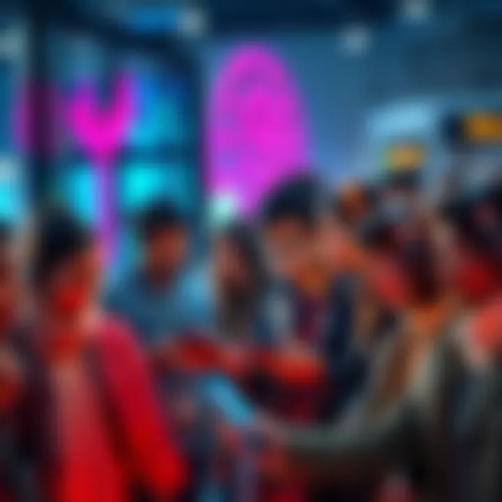 A group of diverse people interacting with various technologies in a modern setting, showcasing the influence of the 29M phenomenon on daily life.
