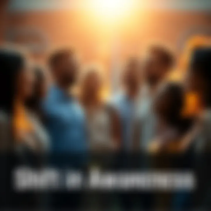 People experiencing new awareness A group of diverse people standing together, looking hopeful and inspired, with light shining around them symbolizing new opportunities