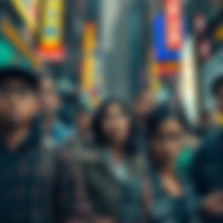 A group of diverse people looking stressed and overwhelmed in a busy city setting