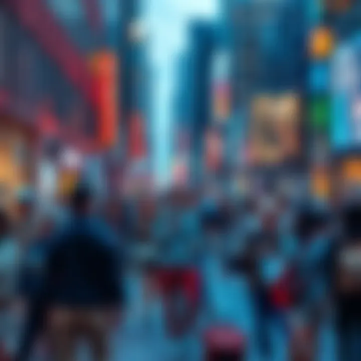 A diverse group of people engaged in conversation and activities in an urban setting, showcasing visibility in daily life