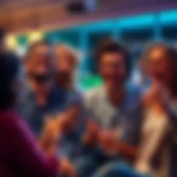 A group of friends laughing together while sharing jokes and memes, creating a joyful atmosphere