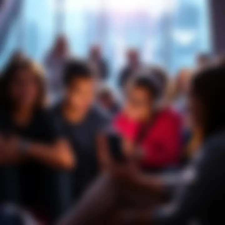 A group of individuals sitting together, focused on a smartphone playing high-frequency affirmations, surrounded by a supportive atmosphere
