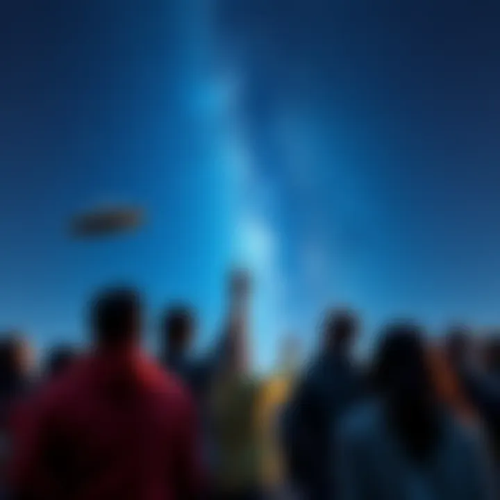 Several people gazing up at a starry sky, some pointing and discussing, hinting at interest in alien life and UFOs.