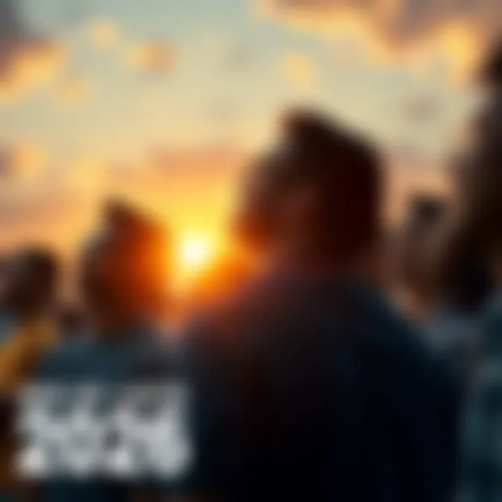 Group of diverse people gazing hopefull towards a sunrise symbolizing new beginnings