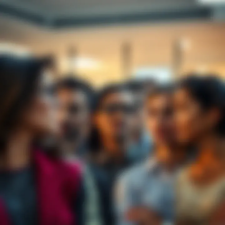 A group of diverse people interacting, some glancing at each other, conveying the feeling of being watched.