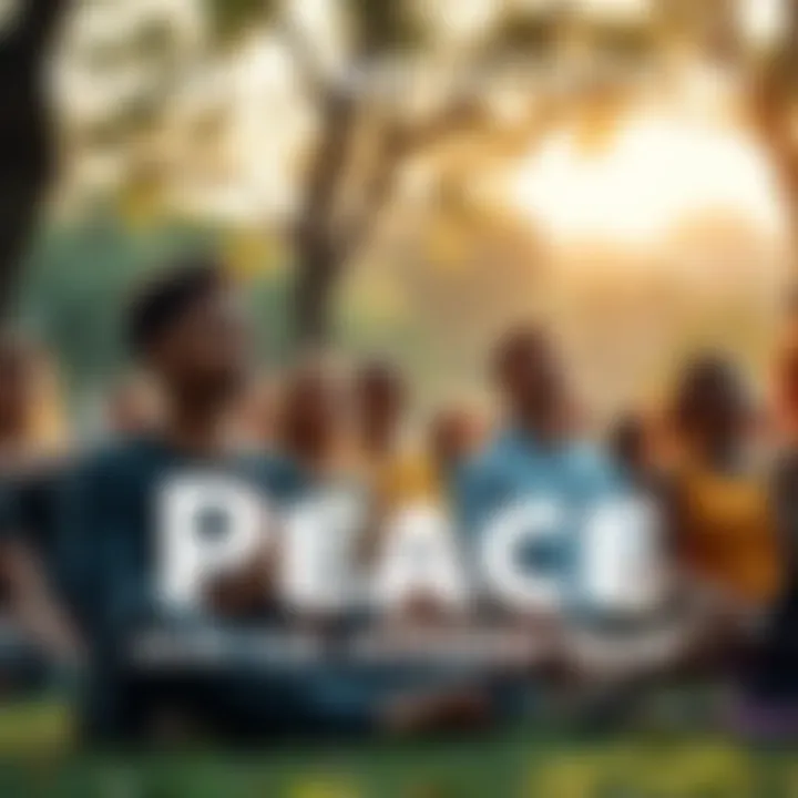 People meditating for peace Group of people sitting together in a park, meditating with peaceful expressions, symbolizing global unity for peace.