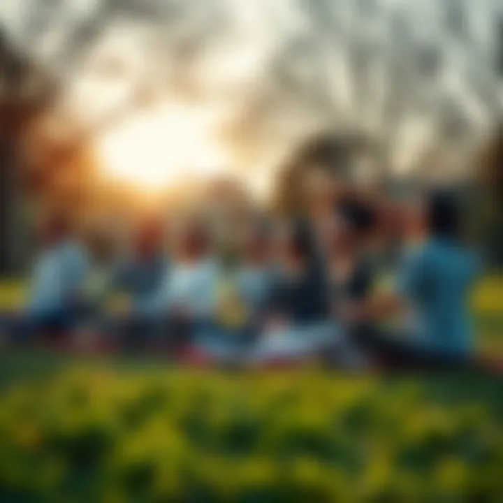 A group of diverse individuals sitting cross-legged in a park, meditating together in a serene environment.
