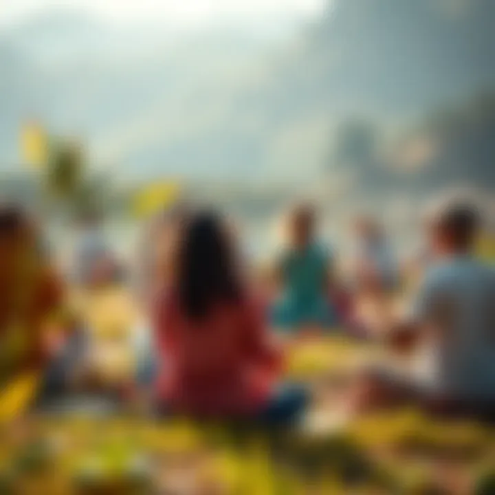 A diverse group of people sitting cross-legged and meditating outdoors, surrounded by nature, reflecting a moment of peace and spirituality.