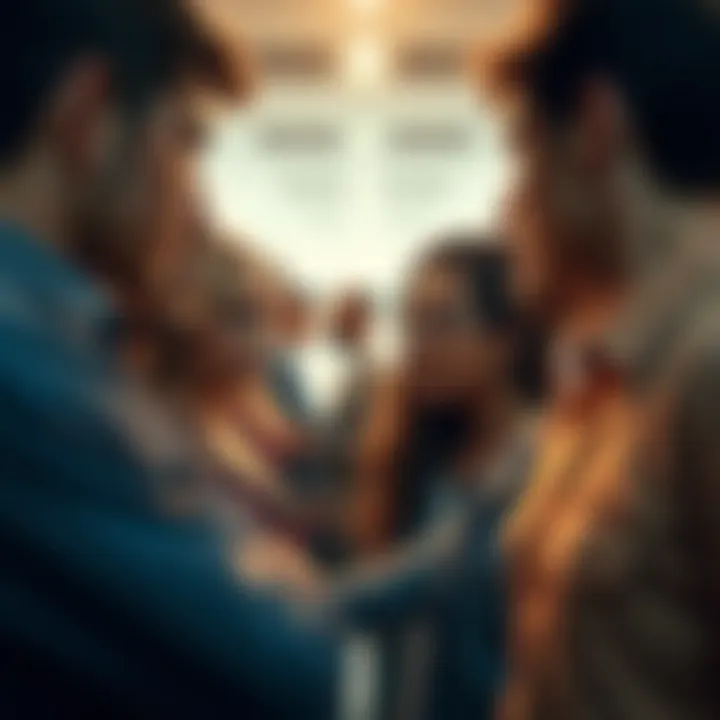 People mirroring each other A group of people standing close together, mimicking each other's actions and expressions, showcasing the behavior of destiny swappers fueled by envy.