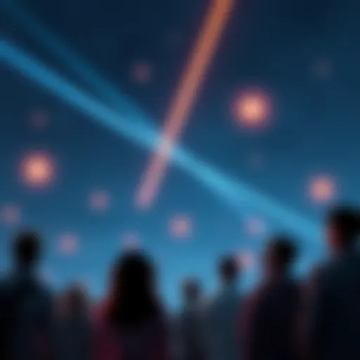 People looking up at unusual bright lights in the night sky, expressing curiosity and wonder