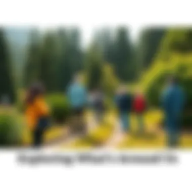 A group of people exploring a park while interacting with trees and flowers