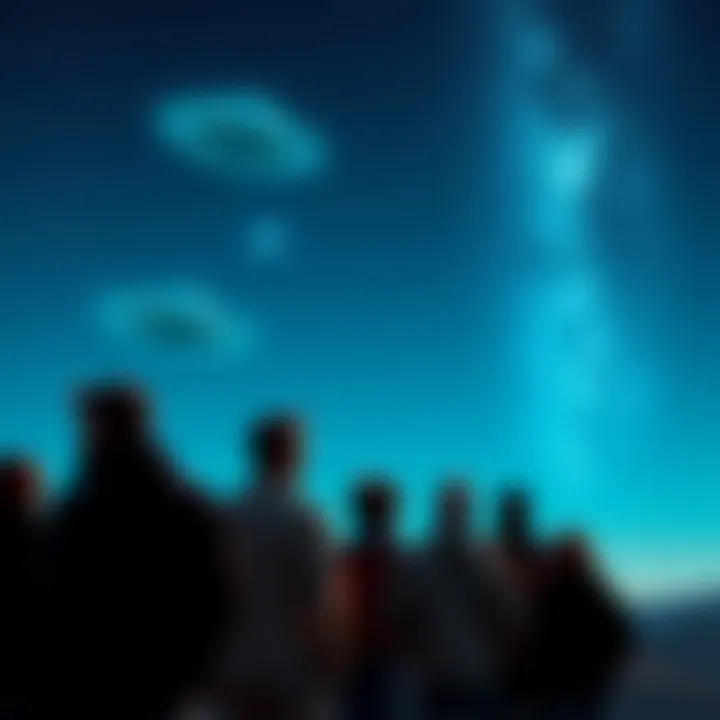 A group of people looking up at a starry sky, searching for UFOs and signs of extraterrestrial life.