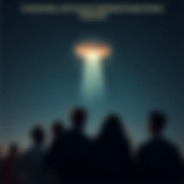 People observing UFO in the night sky A group of people gazing up at a bright UFO in the dark sky, showing expressions of wonder and excitement.