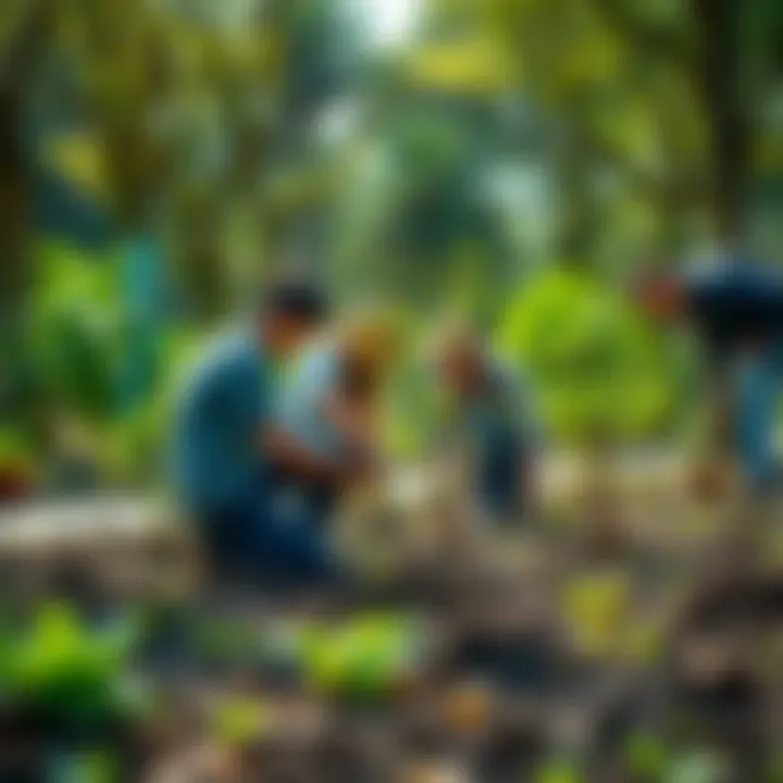 A group of people planting young trees in a park to improve the environment