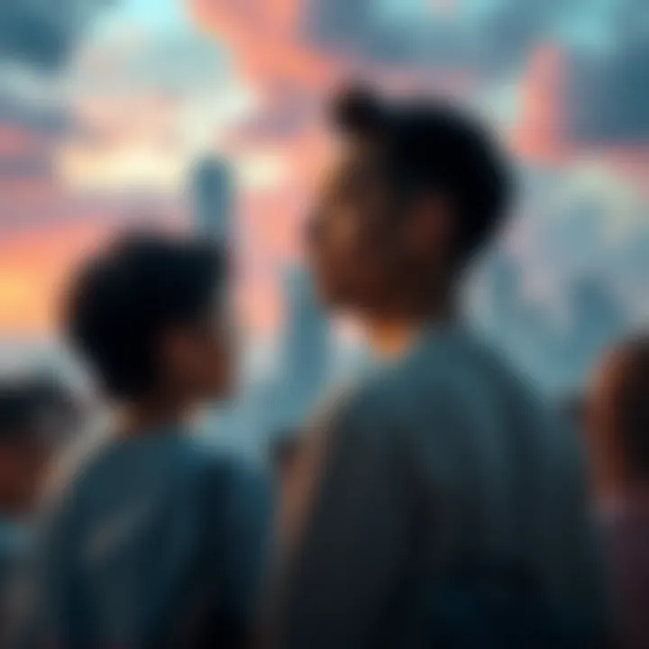 A diverse group of people looking thoughtfully at a city skyline, reflecting on their concerns about the world.