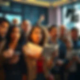 A diverse group of people looking shocked and discussing urgent news reports about conspiracy theories being true, with papers and phones in hand.