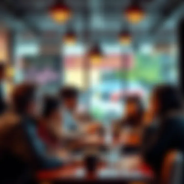 A group of people discussing and reacting to a social media post at a coffee shop