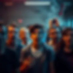 A group of anxious people expressing confusion and fear in a chaotic setting