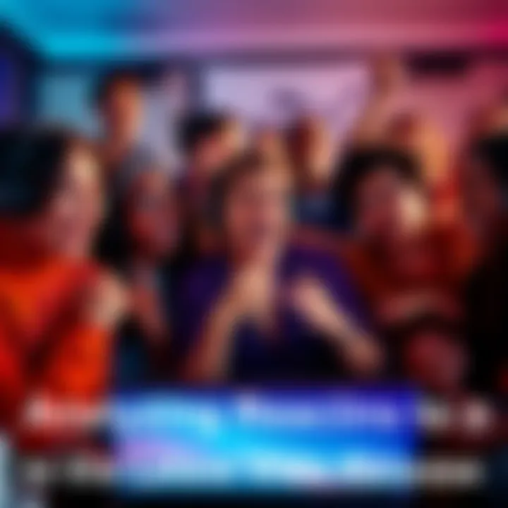 A group of people watching a video together, showing various expressions of excitement and criticism
