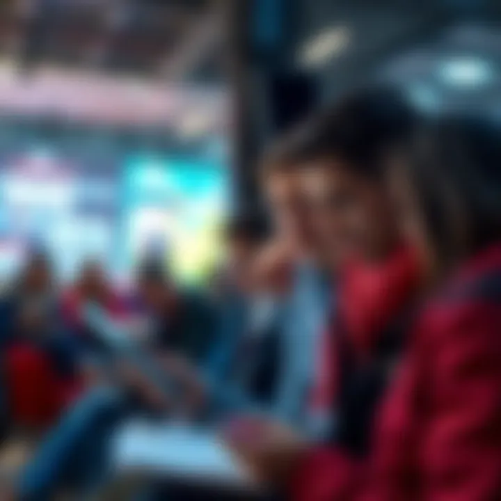 Group of people engaged in reading news on their devices, discussing current events