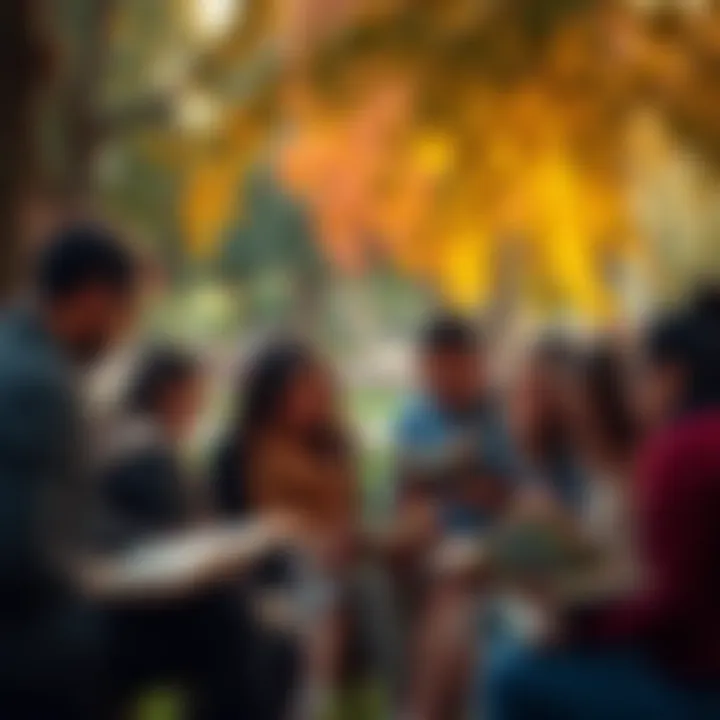 A diverse group of people gathered in a park, reading books and discussing their ideas.