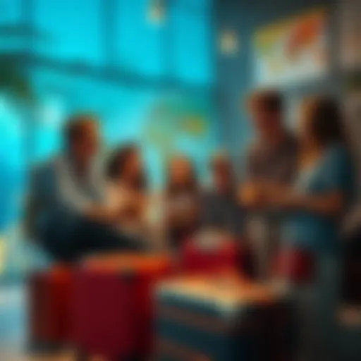 A group of people discussing their plans for moving to a new country during the summer, surrounded by maps and suitcases.