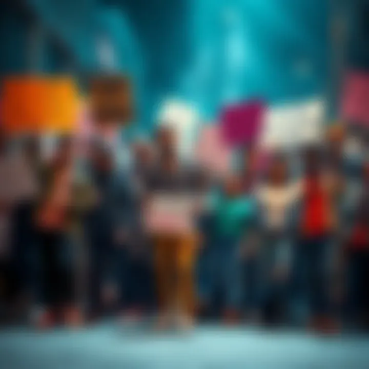 A diverse group of people holding signs and expressing urgency for quick solutions to societal issues.
