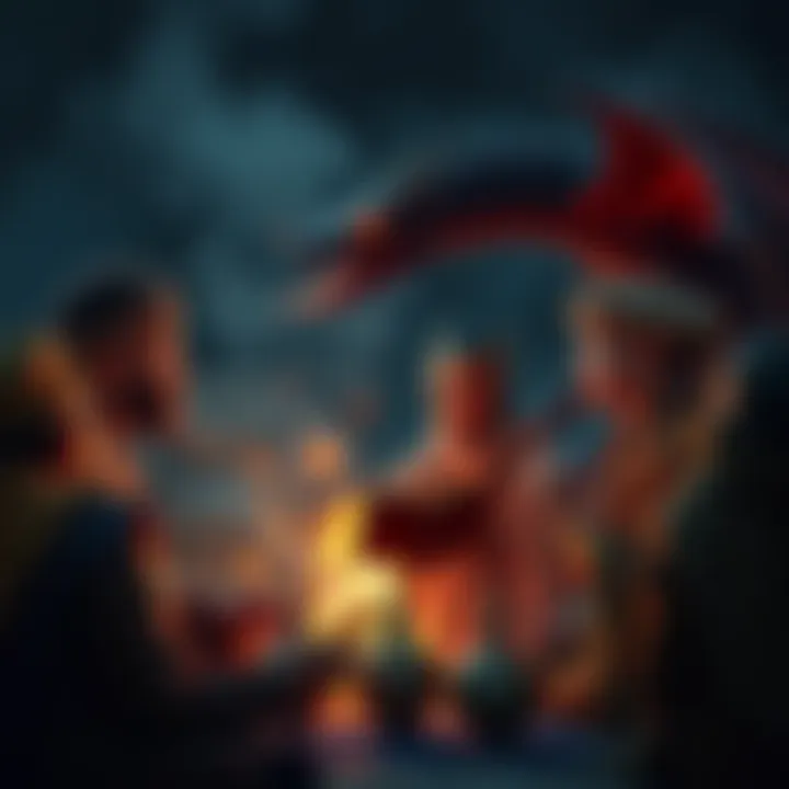 A group of people from different cultures sharing stories about dragons around a fire