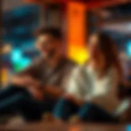 Two people sitting together, smiling and connecting as they share positive energy and vibes in a warm setting.