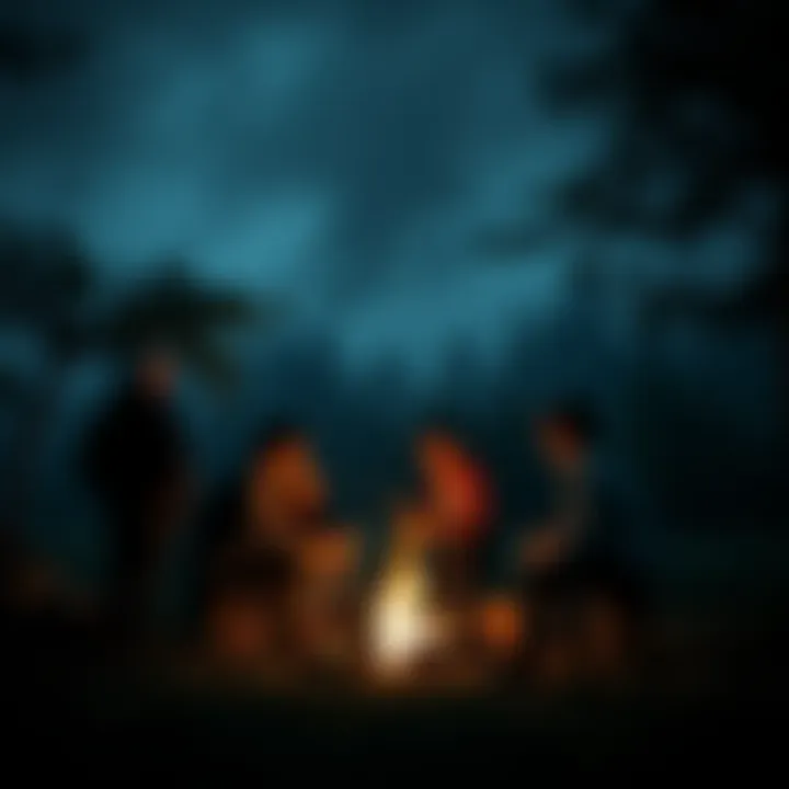 A group of people gathered around a campfire sharing their ghost stories, with a dark forest in the background.