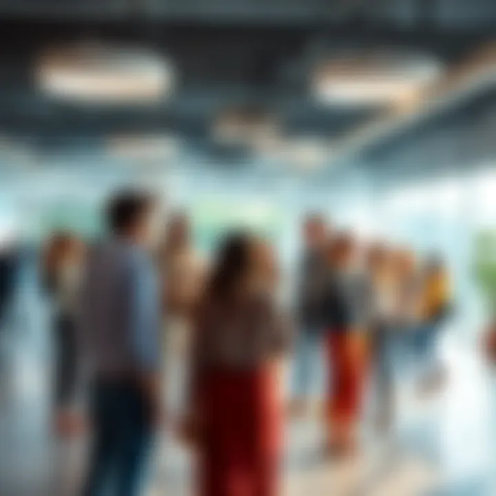 A diverse group of people discussing various perspectives in a bright, open space