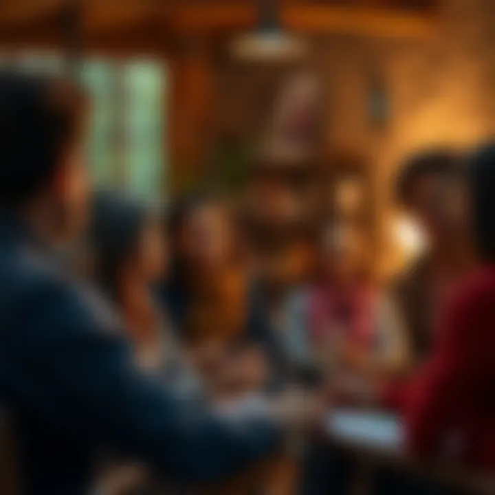 A diverse group of people from around the world engaging in discussion and sharing their life lessons in a warm, inviting setting