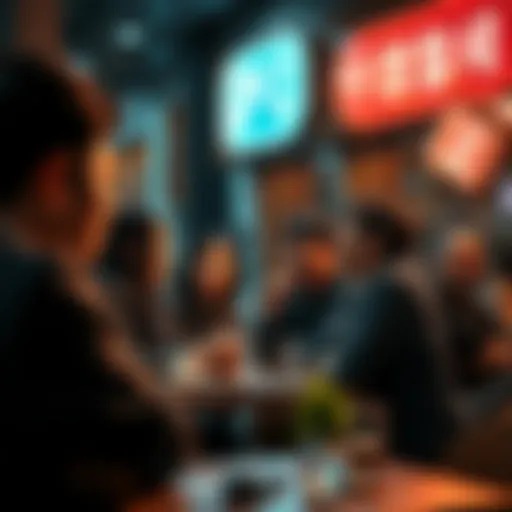 A group of people engaging in a lively discussion about their experiences at Baejin Cafe.