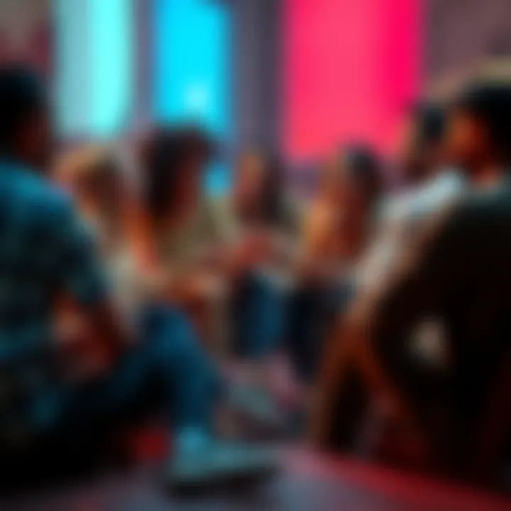 Group of people sharing thoughts A diverse group of people sitting in a circle, laughing and engaging in a roast session, exchanging light-hearted feedback and critiques.