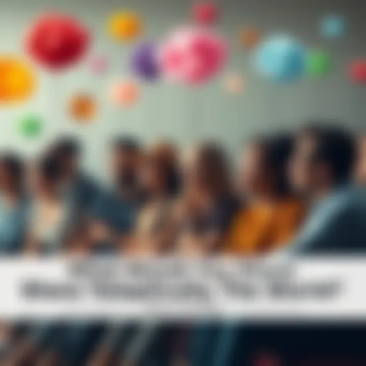 A diverse group of people sitting together, sharing thoughts and feelings telepathically, with colorful thought bubbles above their heads.