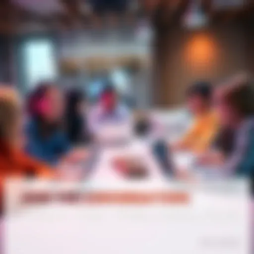 A group of excited people brainstorming video ideas at a table with laptops and notepads
