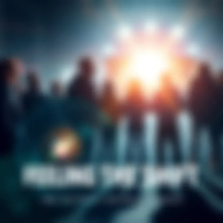 A group of people standing together, feeling the energy of change around them, with bright light symbolizing awakening.