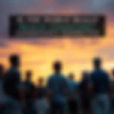 A group of diverse people standing together, gazing thoughtfully at a sunset with muted colors, reflecting feelings of loss and change.