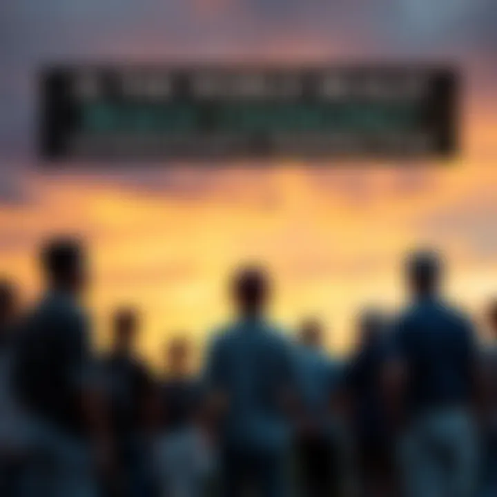 A group of diverse people standing together, gazing thoughtfully at a sunset with muted colors, reflecting feelings of loss and change.