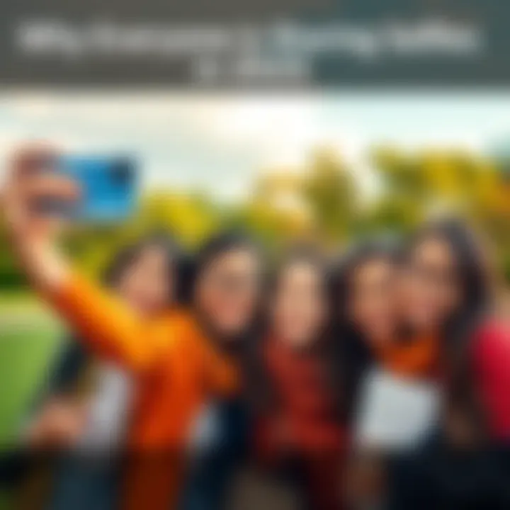 Group of friends smiling and taking selfies in a park