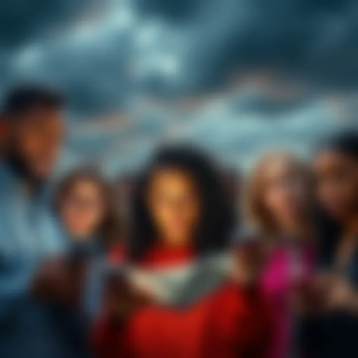 A group of diverse people sharing worried expressions while looking at news on their phones, reflecting anxiety about potential catastrophes, with a darkened sky in the background.