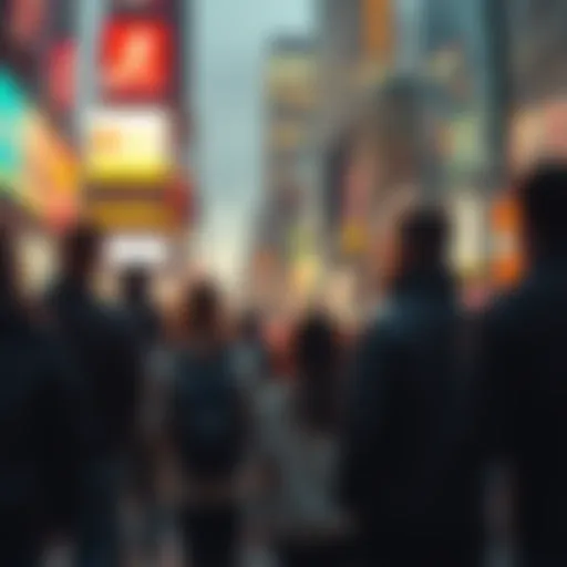 A group of individuals standing together, looking thoughtful as they reflect on their lives amidst a busy city backdrop, symbolizing the search for meaning in a noisy world.
