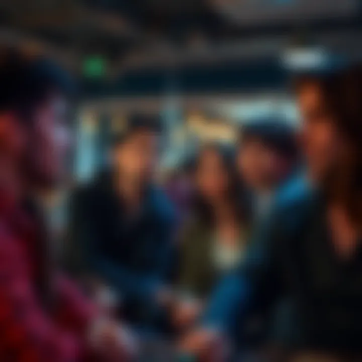 A group of people looking somber and discussing relationship issues in a casual setting