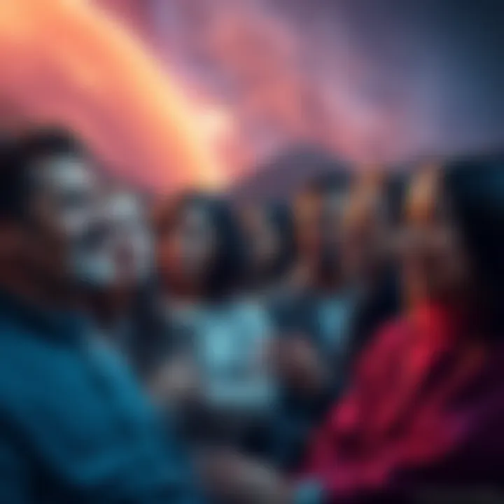 A group of diverse individuals sharing their stories about combust planets, expressing emotions and experiences, with a starry sky backdrop.