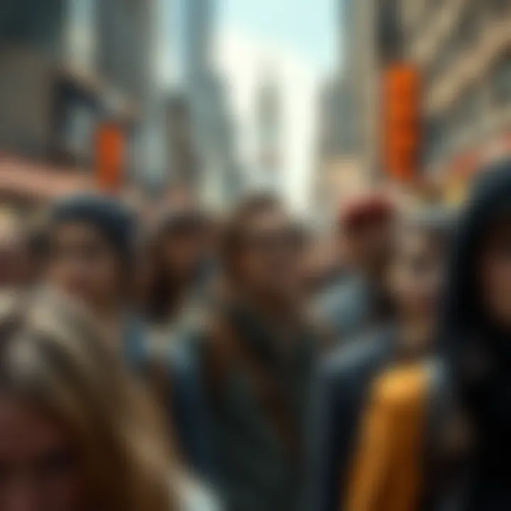 A diverse group of people in a city looking concerned and distrustful of each other