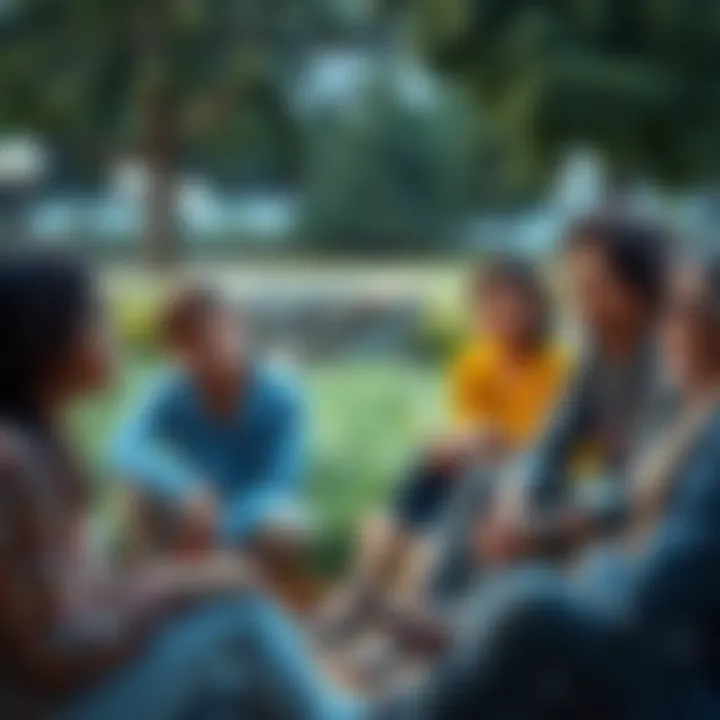 A diverse group of people with different backgrounds sitting together, sharing ideas and thoughts in a serene outdoor setting, symbolizing connection despite individuality.