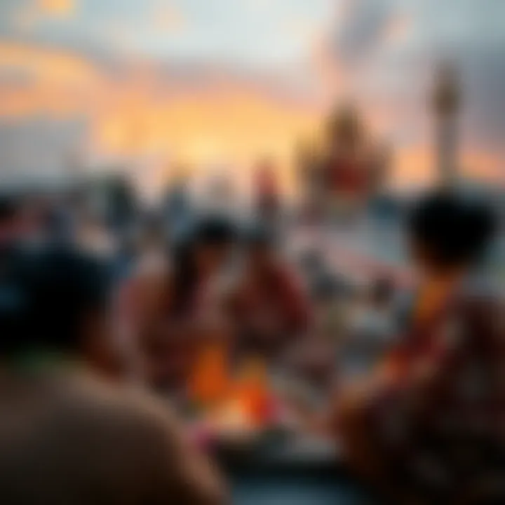 A group of people in a serene setting, engaging in rituals with smaller deities, showing a contrast between their personal connections and the distant presence of popular gods, especially from Hinduis...