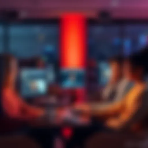 A diverse group of people sitting in front of their computers, communicating through video calls and chat, showing support for each other in a virtual community.