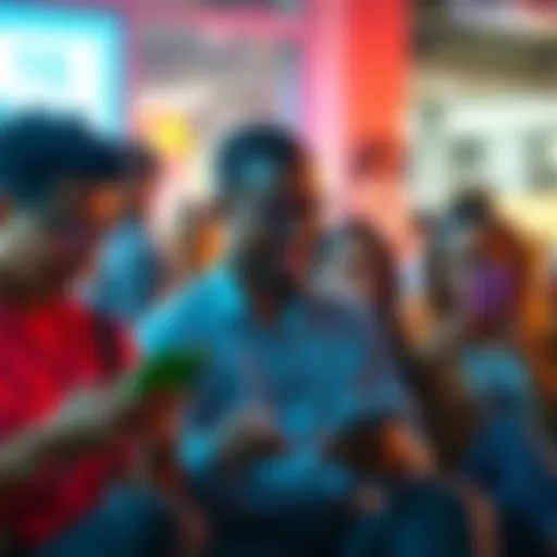 A diverse group of people engaging in conversation on their devices, showing a sense of connection