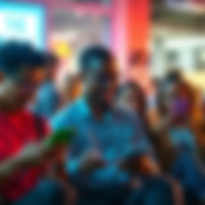 A diverse group of people engaging in conversation on their devices, showing a sense of connection